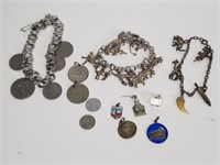 3 charm bracelets & charms, some sterling