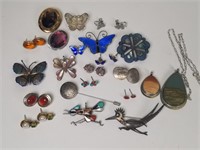 Sterling silver, turquoise, enamel jewelry, etc
