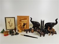 Carved figures, marquetry, souvenirs, etc