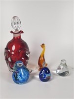 Cranberry glass decanter & glass birds