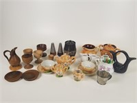 Miniature tea set, pottery, wood pitcher, etc