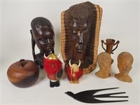 African carved wood & pottery busts & etc