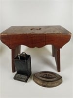 Primitive stool, match safe & iron