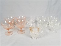 Pink glass sherbets, clear cordials, etc