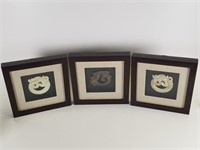 3 framed soapstone dragons