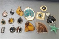 Semi-precious stone pendants, sterling owl, etc