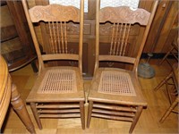 2 OAK press back chairs, cane seat,