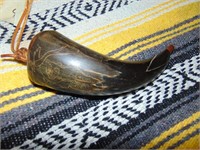 NICE!  Powder horn, powder flask with scrimshaw