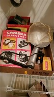 Box of vintage camera items and binoculars