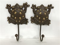 Pair of bronze painted cast metal frog hooks