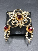 Gold tone rhinestone pendant brooch & earrings
