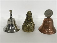 Lot of 3 vintage silver, gold, & copper tone bells