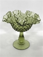 Fenton green glass ruffled hobnail compote
