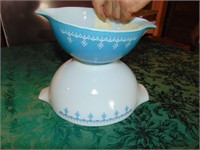 2 blue and white PYREX BOWLS