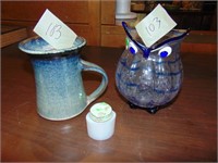 art glass owl & signed pottery mug