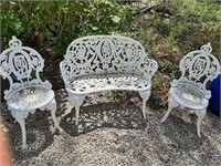 ANTIQUE 3PC. CAST IRON ORNATE BENCH AND CHAIRS