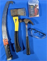 Assorted tools, 12" hammer, 15" axe, 21" hand saw