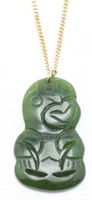 Nephrite Jade carved Tiki pendant 28.6cts. 10kt