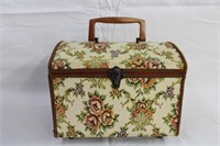 Wood, tapestry silk lined sewing box,