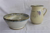 Pottery bowl 9.5 X 4.5 and 8" jug