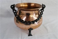 Footed copper pot with chain handle 7 X 7"