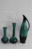 Blue Mountain pottery vases, 15.5, 11, and 8.5"