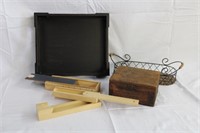 Painted tray 13.5", two pencil boxes, wicker/metal