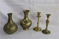 Two brass vases 8.5 and 9", two brass candlesticks