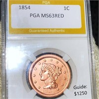 1854 Braided Hair Large Cent PGA - MS 63 RED