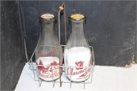2 CLARENCE FARMS DAIRY MILK BOTTLES AND LIDS