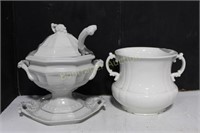 WHITE GLASS SOUP TUREEN AND CHAMBER POT