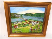 Oil on Canvas Village Scene Signed