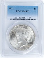 Coin 1922 Peace Silver Dollar PCGS MS63