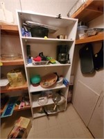 WOOD PANTRY SHELF UNIT AND CONTENTS