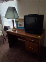 WOOD DESK AND CONTENTS