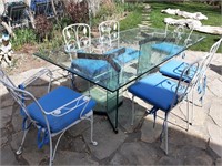 6 VINTAGE IRON CHAIRS & GLASS PATIO TABLE