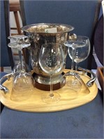 Silverplate champagne bucket glasses and tray
