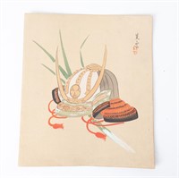 Signed Silk Painting Samurai Helmet