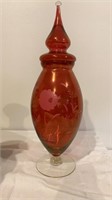 Red Covered Etched Glass Vase with Top