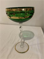 Tall Glass Compote Green & Gold Red Rhinestones