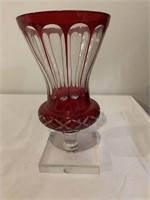 Etched Cranberry Glass Crystal Vase