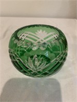 Green Cut to Clear Crystal Rose Bowl