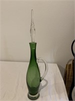 Vintage Tall Green Art Glass Decanter with Stopper