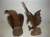 2 Wood Carvings, Eagle and Marlin, Tallest 15 inch