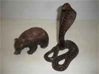 2 Wood Carvings, Bear and Cobra, Tallest 9 inches