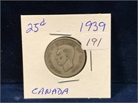 1939 Canadian silver twenty five cent piece