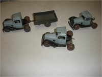 3 Vintage Tin Toy Trucks (4in.) and 1 Cart