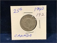 1940 Canadian silver twenty five cent piece