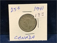 1941 Canadian silver twenty five cent piece