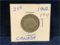 1942 Canadian silver twenty five cent piece
